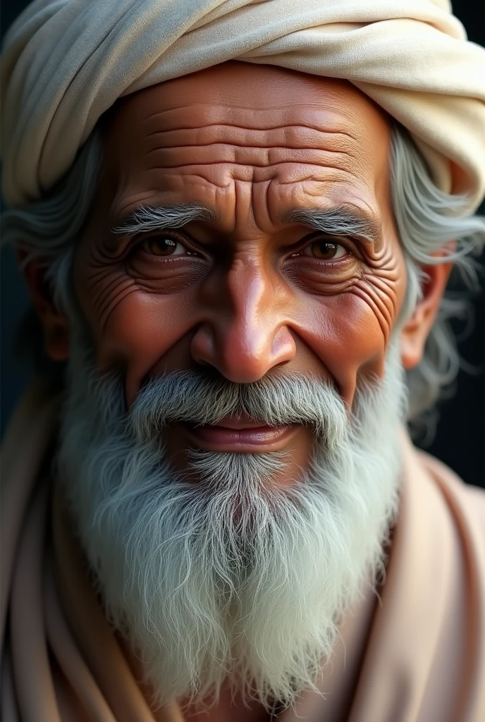  Create a hyper realistic depiction of Shri Sai Baba of Shirdi, capturing his distinctive facial features and serene expression. His face should be broad and kind, reflecting his years of wisdom, with deep, expressive eyes that convey divine love and compassion. His well-defined nose and gently smiling mouth should exude peace and kindness. Sai Baba’s white beard and mustache should be neatly groomed, showing the natural texture of age, with the beard fully covering his chin and extending slightly down the neck