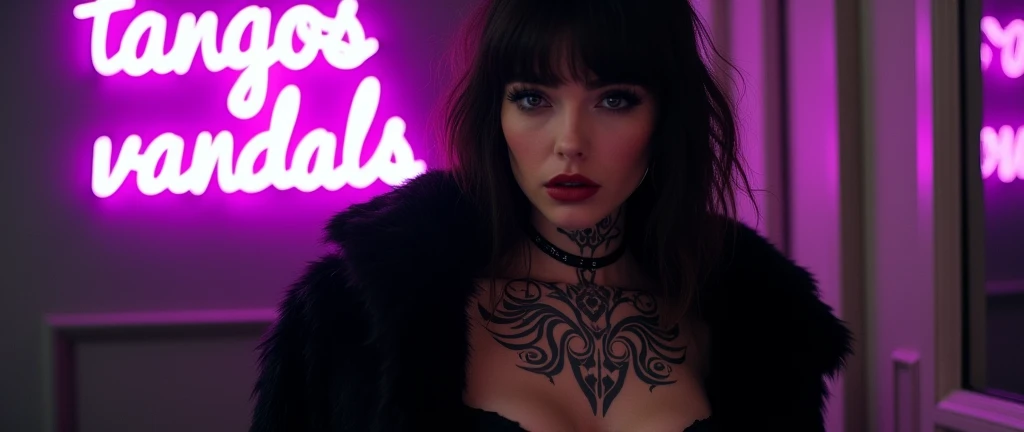 Sexy woman, black fur, sensual face, sexy clothes and neck tattoo with backlights and a purple sign that says the text "Tangos Vandals"