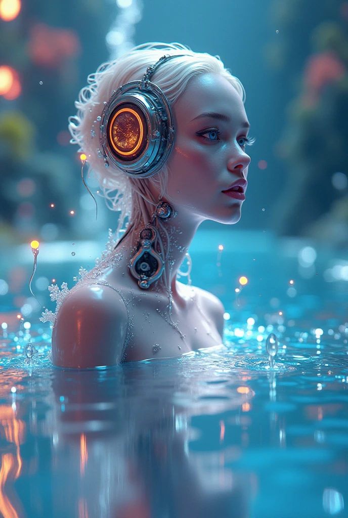 Model shooting style, Wave scenery，Translucent ethereal mechanical beautiful girl，Head above water level，Futuristic girl，Mechanical joints，Eyes sharp and looking squarely，Looking down，shallow swimming，Close-up of futuristic underwater translucent dragon palace,colorful scene, Beautiful Milky Way in the background，Art bud, shattered glass, ((Bubble underwater scenery)) ，Radiant Octane render in great detail,photography：Brandon Woelfelmist，surreal dreamscape，Surrealist art fantasy style，Epic digital fantasy art style，lute，HDR，Beautiful Sci-Fi Art, Sci-fi digital art illustration, Digital Cyberpunk Art, Science Fiction Digital, Futuristic numbers, Futuristic Concept Art, Sci-fi suspension cyberpunk, Cyberpunk Atlantis Landscape, Science Fiction Digital艺术, 高级Digital Cyberpunk Art, Fantastic cyberpunk girl(best quality,4K,8K,high resolution,masterpiece:1.2), (Practical,Reality,Photo-real:1.37). information,