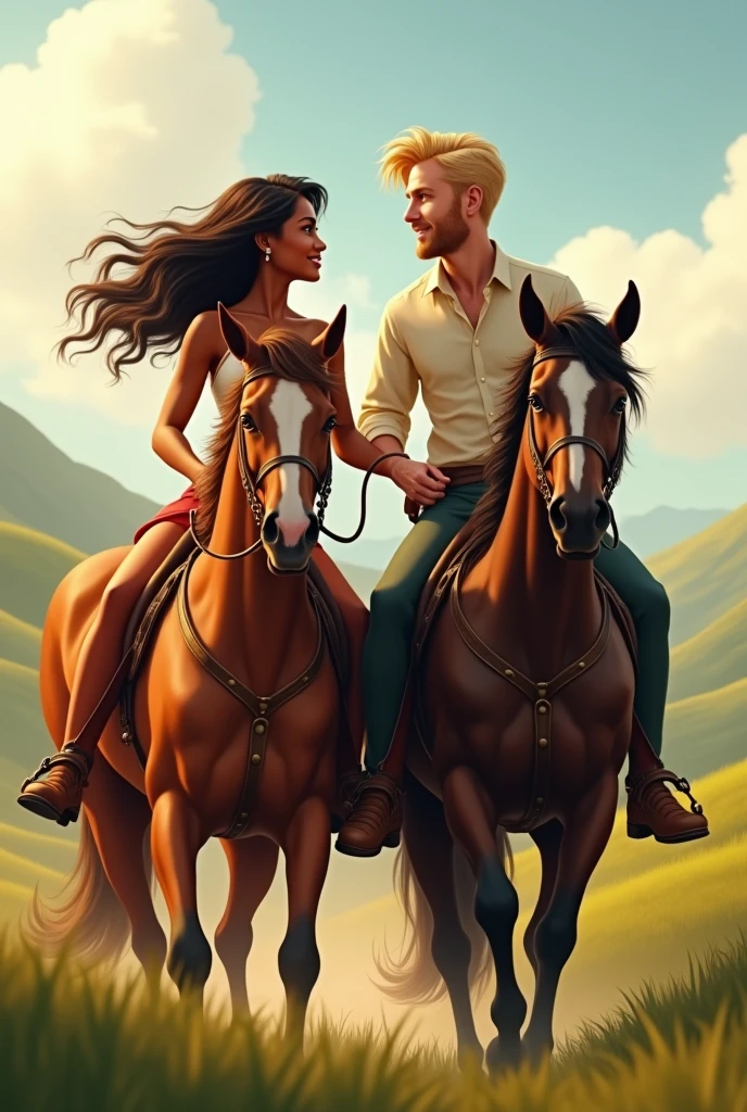 A pretty black women and a handsome blonde white guy ridinng on their own horses