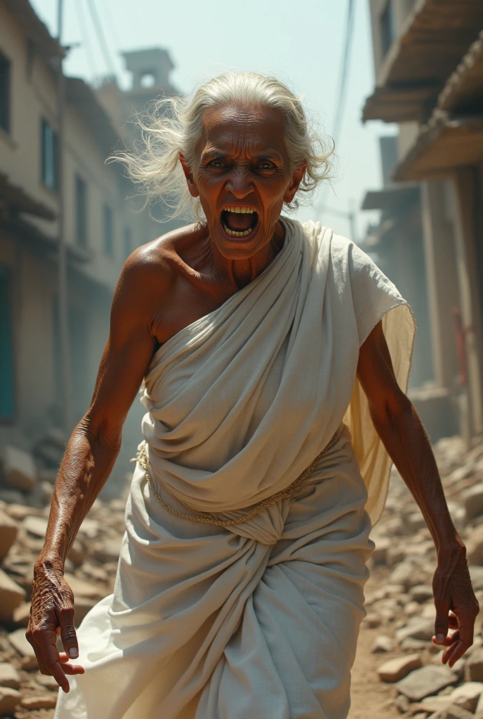A angry old woman political wearing white saree destroy everything