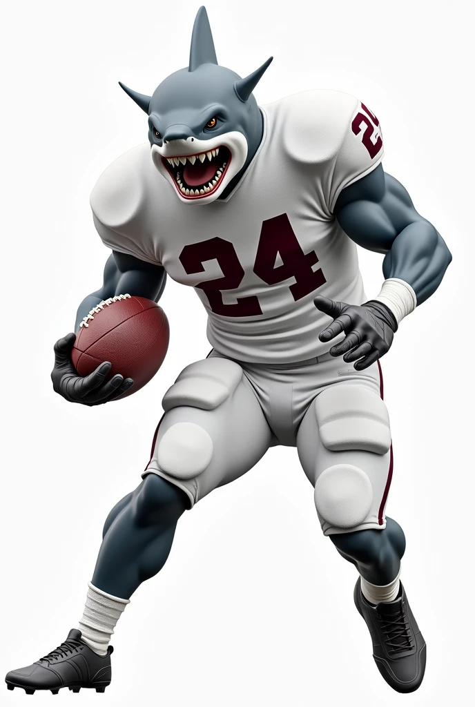 Shark wearing white football jersey with white football pants and black football cleats with maroon number 24 holding a football on transparent backgorund