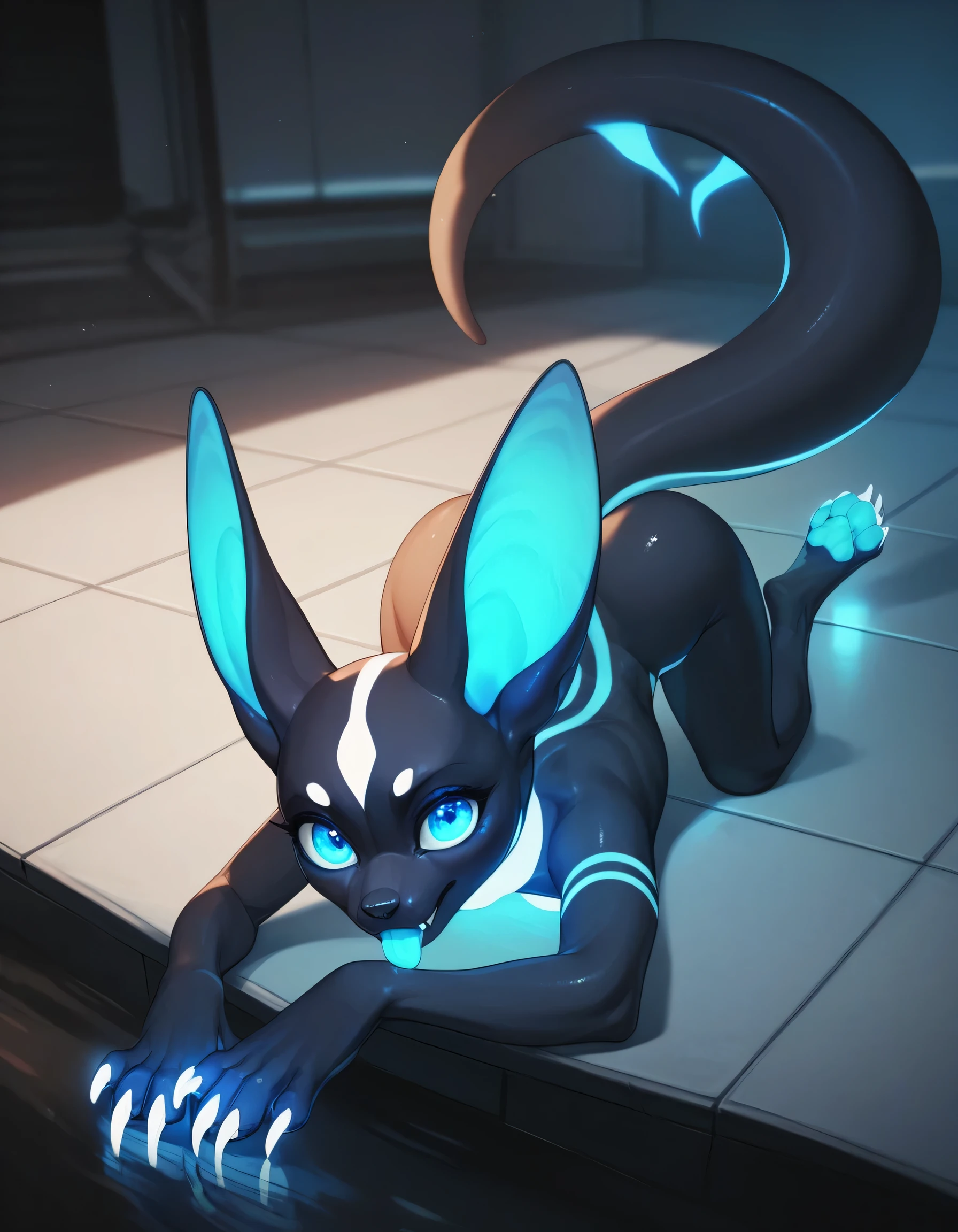 Solo, fennec, female, black body, furry, small breasts, in a reflective metal room, glowing blue ears, embarrassed, long tail, showing his tongue, with white tongue, beautiful and detailed eyes, glowing blue eyes, shiny and soft skin, white claws, at night, extremely detailed, lying down, Cinematic, glowing claws, no hair on the body, white face, white neck, paws, bare feet, bright blue chest