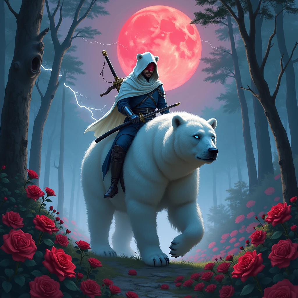Godlike, in it a male knight with a white hood with bear ears and a katana at his back is riding a polar bear in a forest while the moon shines, many Roses cover the ground and lightning falls from the sky. Only the man wears a red blindfold. The polar bear has shining blue eyes. In the background of the picture is the blood moon.