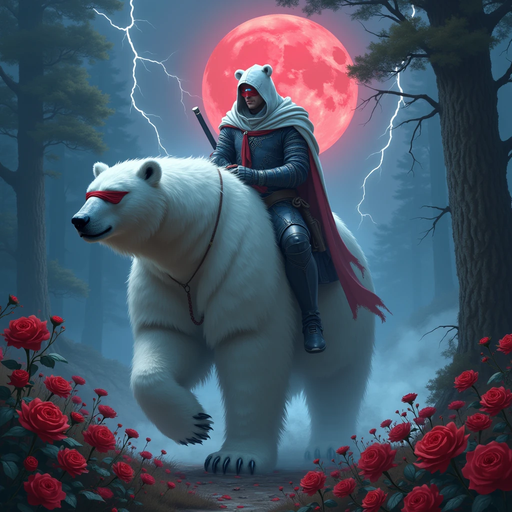 Godlike, in it a male knight with a white hood with bear ears and a katana at his back is riding a polar bear in a forest while the moon shines, many Roses cover the ground and lightning falls from the sky. Only the man wears a red blindfold. The polar bear has shining blue eyes. In the background of the picture is the blood moon.