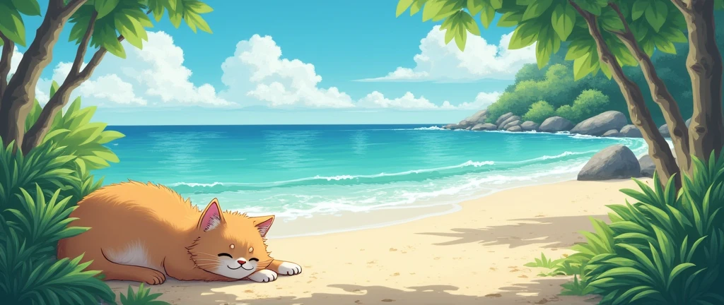 Cat, Cozy , Anime ,Lofi ,Ultrawide , Ghibli vibes , Wide view ,Beach