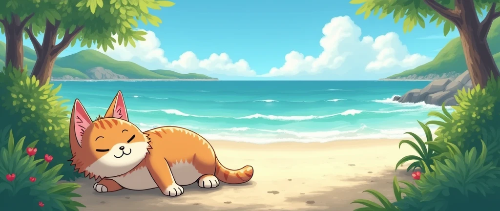 Cat, Cozy , Anime ,Lofi ,Ultrawide , Ghibli vibes , Wide view ,Beach
