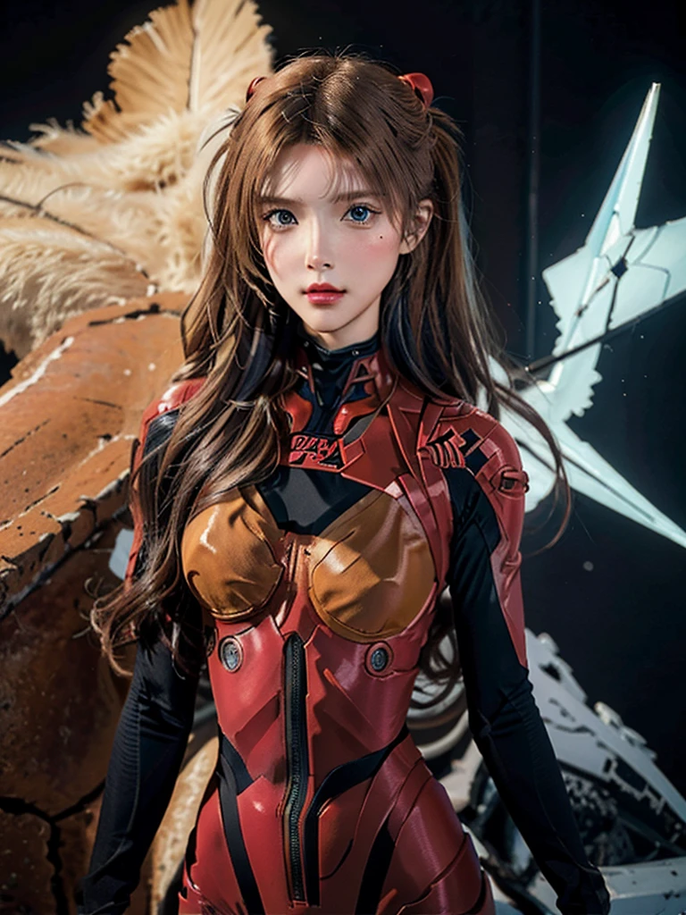 ((Best quality)), ((Masterpiece)), (Details: 1.4), 3D, Asuka Langley Soryu, Asuka, high resolution (high dynamic range), ray tracing, NVIDIA, super resolution, Unreal 5, subsurface scattering ,PBR texturing, post-processing, anisotropic filtering, depth of field, maximum sharpness and sharpness, multi-layered textures, albedo and specular maps, surface shading, accurate simulation of light and matter interaction, perfect proportions ,Octane Rendering,Two-Tone Lighting,Wide Aperture,Low ISO,White Balance,Rule of Thirds,8K RAW,(Masterpiece: 1.4, Best Quality), (Intricate Details), Unity8k Wallpaper, Highly Detailed, Beautiful and Mysterious, Details background, realistic, alone, perfectly detailed face, detailed blue eyes, highly detailed, blush, hair ornament, chignon mahogany hair, (blonde), plug suit 02, Shikinami Asuka Langley, Evangelion, Slender , full body suit, black background, above the waist,composition that shows the whole body,