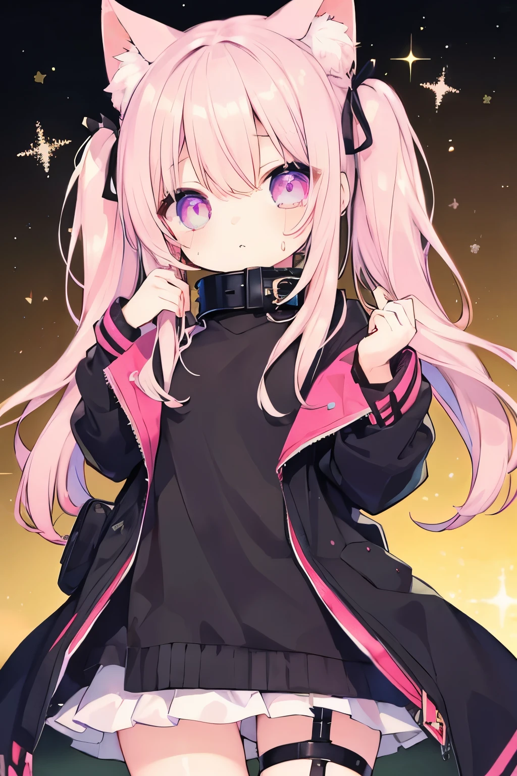 Light pink hair、Oversized jacket、hot pants、Putting on a collar、Elementary school girl、Very beautiful and Shining Eyes、Shining Eyes、1 person、Cat ear、(((((Small body)))))、heart❤、((Sweat、vapor))