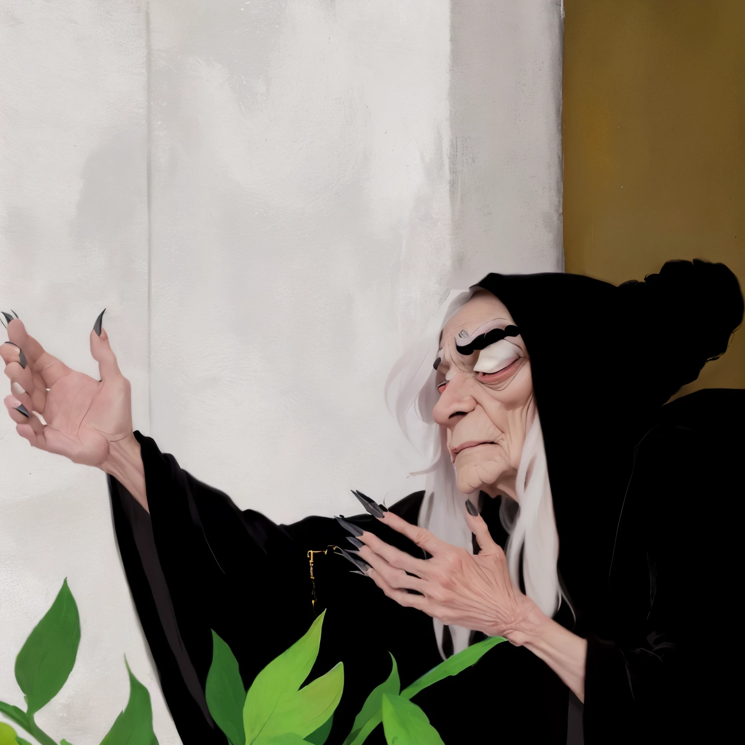 old woman, with many wrinkles, with very long nails, with big eyes and ugly and with a black tunic