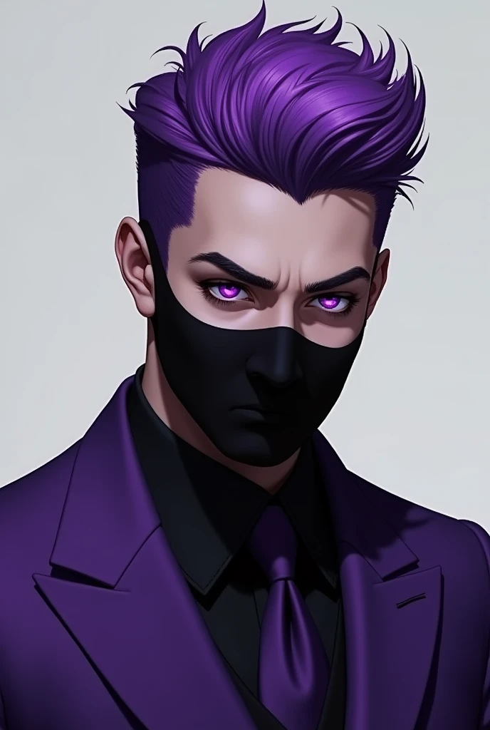 Man with purple hair forward with bright purple eyes with purple suit and black bandit mask