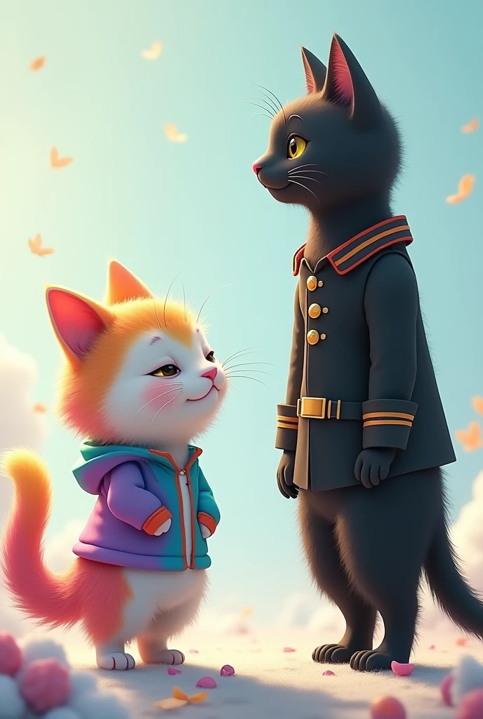 Image 11**: The rainbow-colored white furry cat is wearing one piece giving the long height black cat ( wearing a army dress ) a flying kiss as he walks away. She has a tear rolling down her cheek, but she also has a small smile, showing she's happy for him real qusly image generator.