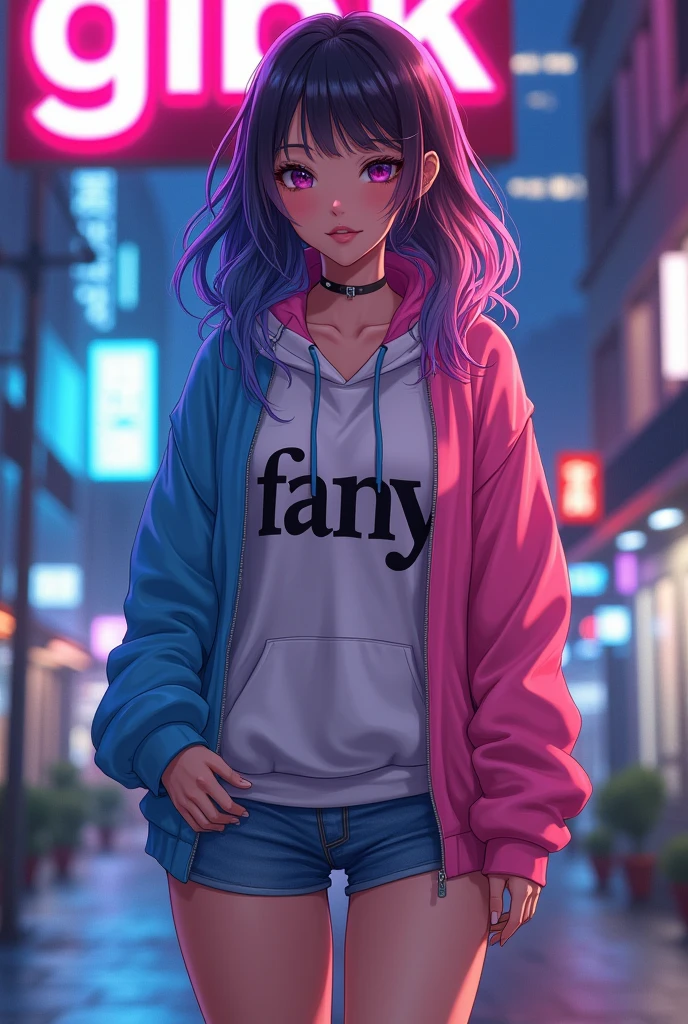 Create anime character;
{background: capital HD text: “GLBK” in center-top, night}, tanned skin,
realistic, HDR, beautiful, korean style, full body, age 20, hoodie HD text: “Fany”, female, graduent blue and pink hair, long hair, boobs size: D