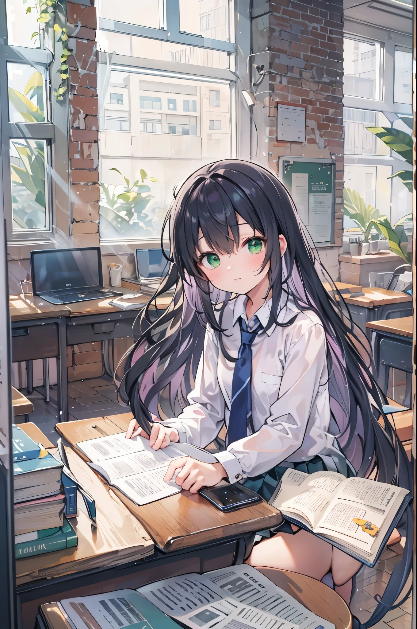 ((Highest quality, 8k, masterpiece: 1.3)), whole body,1 personの,1 person,,Glamorous Body,cute,Untidy look,Black Hair,Beautiful emerald green eyes,Long Hair,((Close your eyes)),((White short-sleeved blouse,tie)),((Green pleated mini skirt,loafers)),((In the classroom,Sit on a chair,He buried his face in the desk.)),
