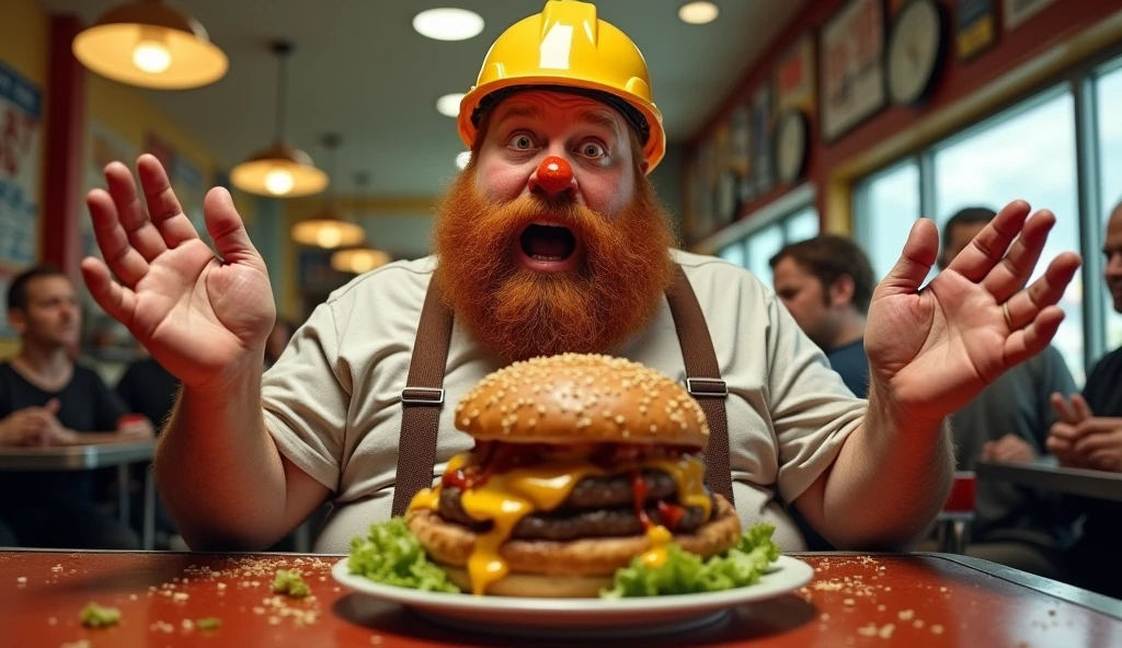 a very fat man, with construction helmet, he is sitting in a diner with a big hamburger on his plate, he's wide-eyed, he has a medium red beard, (he has his hands open with the palm facing up making the shrug expression:2.0), (shrug:2.0), his face and nose are smeared with ketchup and mustard, people are outraged behind him, realisitic, epic scene, ultra detaild, detailed ambient,