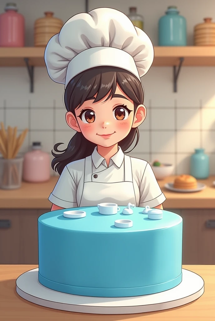 A girl make a log gas cylinder design blue
colour simple one layer cake.she wear the chef hat
Shop name 'sweet home cake creation'