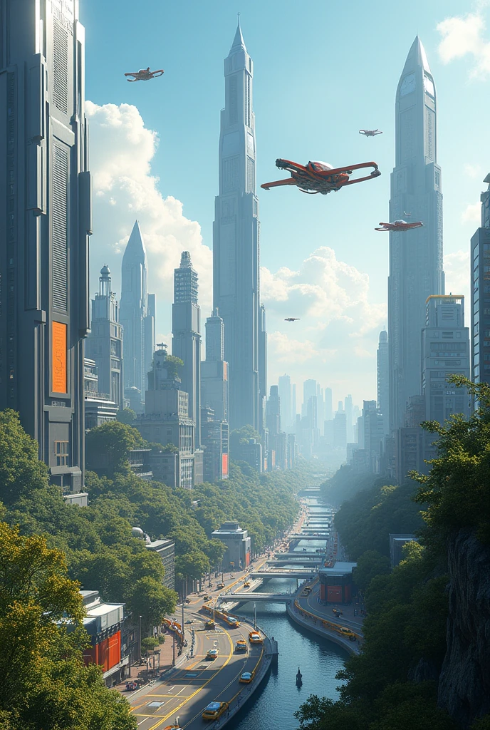 A cityscape 100 years in the future, with flying cars and towering skyscrapers