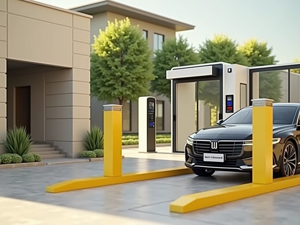 realistic image of a car driving towards an electronic access gate