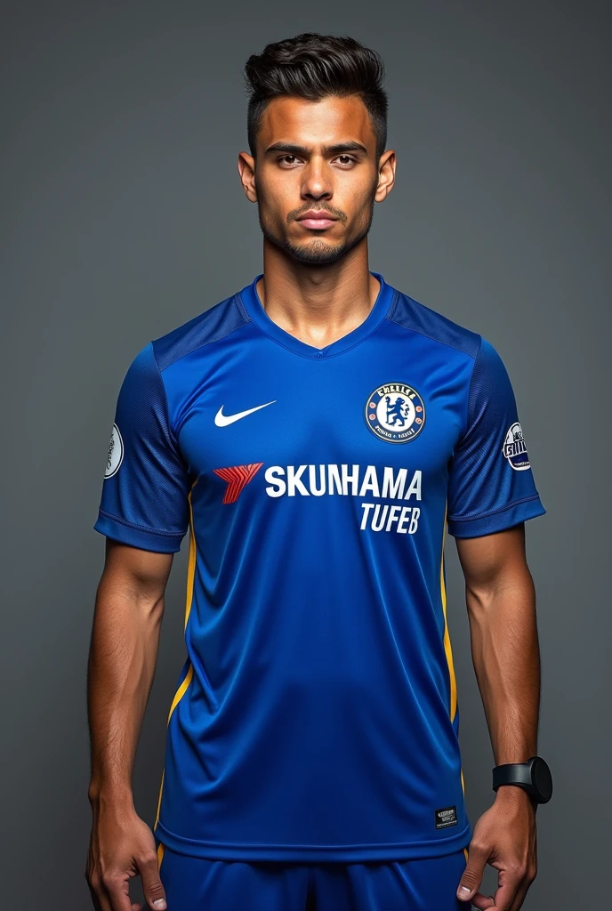 Damian kater wearing Chelsea FC jersey 