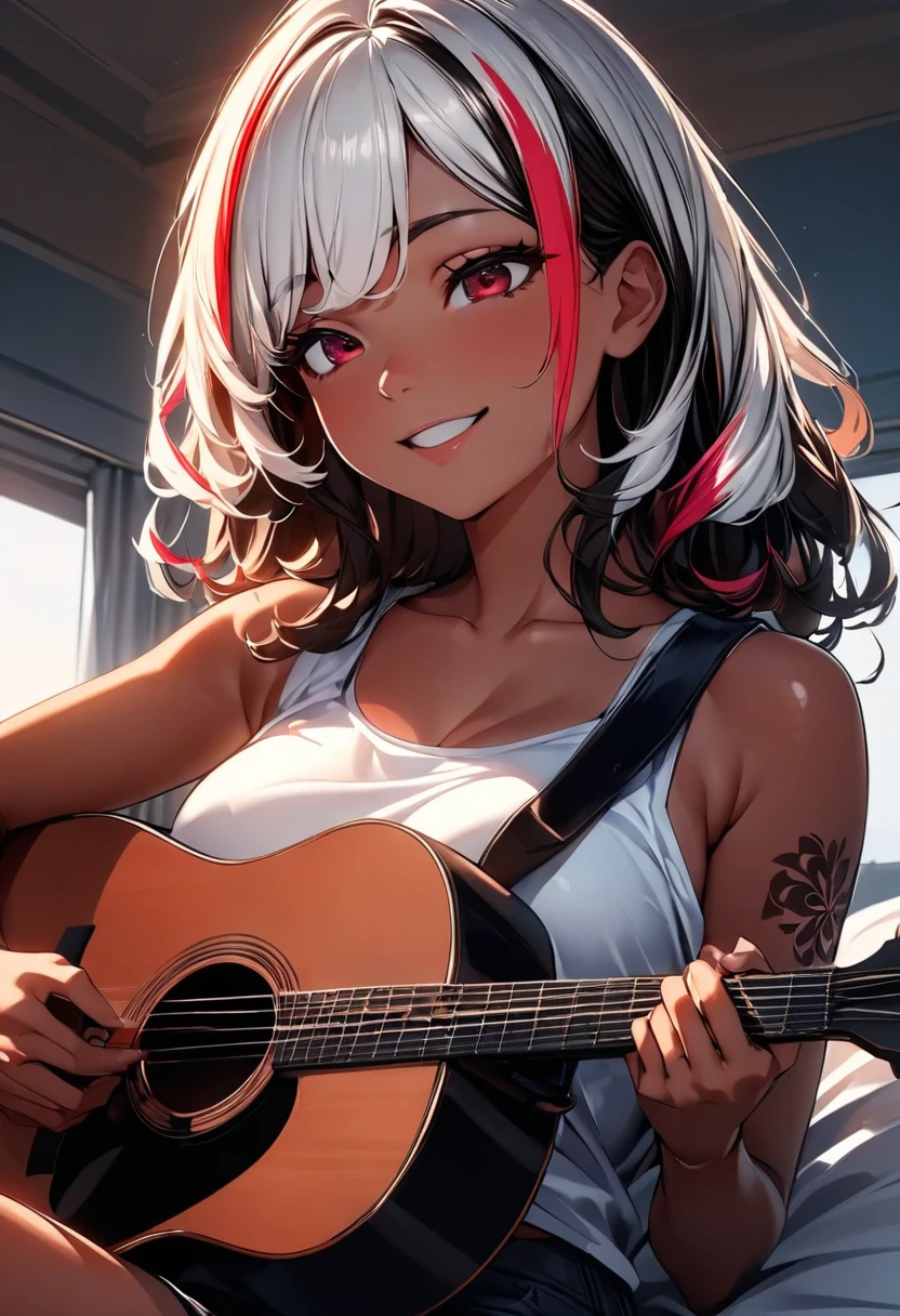 (highest quality:1.2, Very detailed, up to date, Vibrant, Ultra-high resolution, High Contrast, masterpiece:1.2, highest quality, Best aesthetics), Portraiture、girl、singer, solo, ((25-years-old:1)), Bright colors, Beautiful fine details、Beautiful lip detail、medium wave hair、red and white ((streaked hair:1.6)), highlights hair: 1.5, red eyes, slim body, medium breast, (tan skin:1.1), (Floral Fineline tattoo design on left arm:1), tank top, shorts, sitting on bed, bright her room, huge windows, singing, playing acoustic guitar, smile, (upper body:1)
