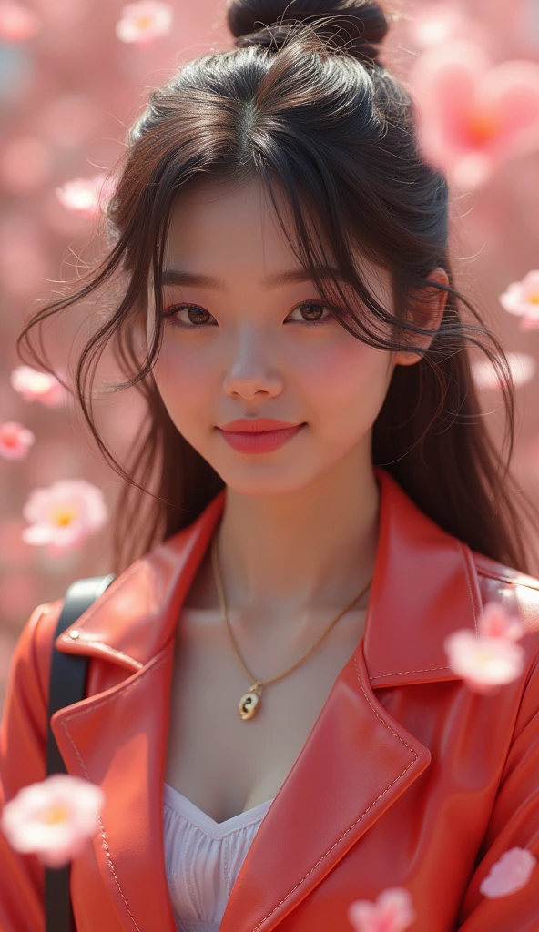 One person、High resolution、smile、High resolution、masterpiece、Anatomically correct、Person Portrait、backgroundのぼかし、Super Real Photo、High resolution、Dramatic image、Korean futuristic casual fashion、dynamic、The shot is taken from a slightly higher angle.、Capture the whole subject、
background:Gorgeous petals of various kinds fly around