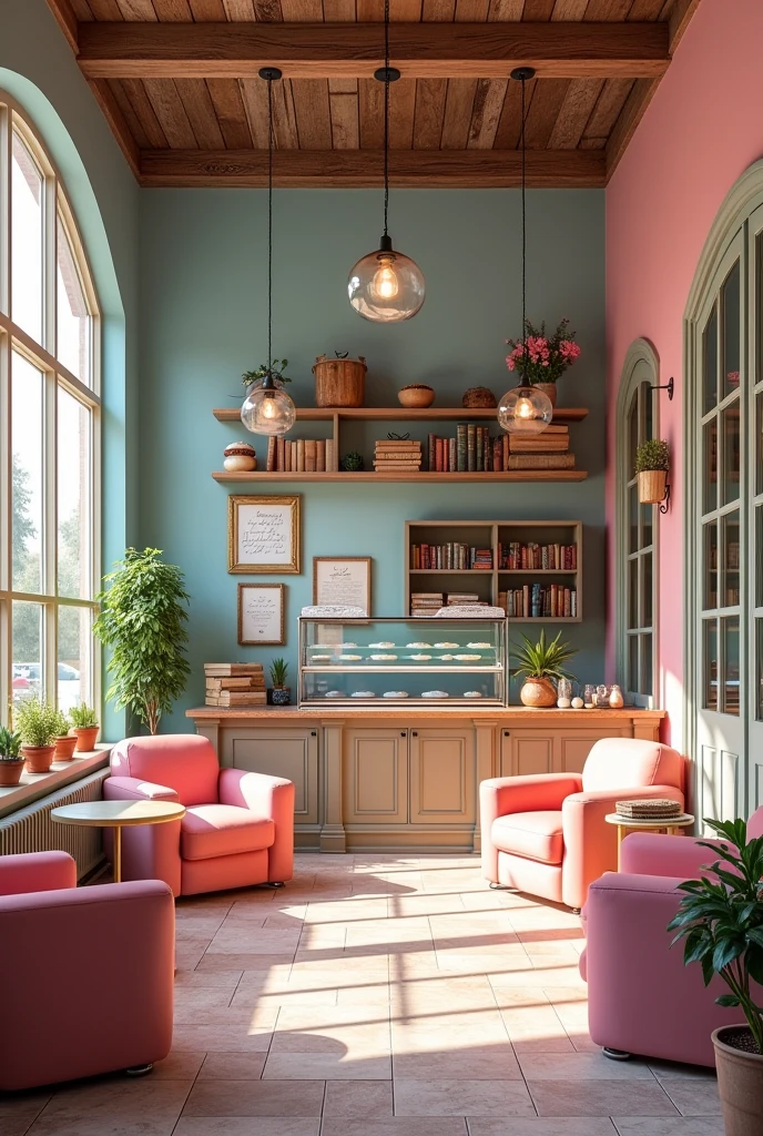 A huge pink and blue bakery with a leisure and study space, show more, rustic, place of study