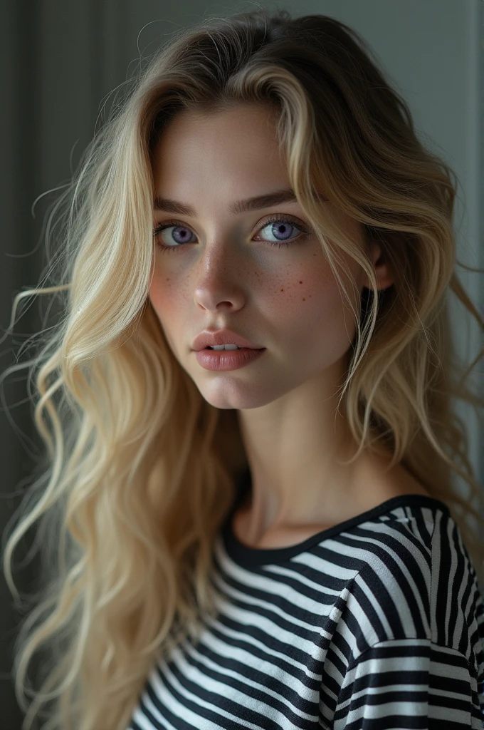 Beautiful woman with long curly blonde hair, purple eyes, long nose and freckles wearing a black striped t-shirt