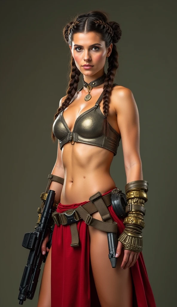 (wide shot,full body photo,in front)(8k, RAW photo, best quality, naked,masterpiece:1.2), (realistic, photo-realistic:1.4,Full body shot, 8k, isolate subject for illustration,Princess Leia Organa, Dark brown, styled in intricate braids and buns, most notably the braided crown she wears on Endor.
Eyes: Brown, reflecting her determination and compassion.
Skin: Fair, with a healthy glow, highlighting her natural beauty.
Outfit: She wears A metal bikini with a red and gold design, paired with a flowing red skirt and gold accessories.
Accessories: She carries a blaster and is often seen with various tactical gear, reflecting her role as a leader in the Rebel Alliance.
Physique: Athletic and slender, showcasing her agility and strength.
Expression: Confident and resolute, with a hint of warmth and empathy, embodying her leadership and caring nature.,in a themed Backgound