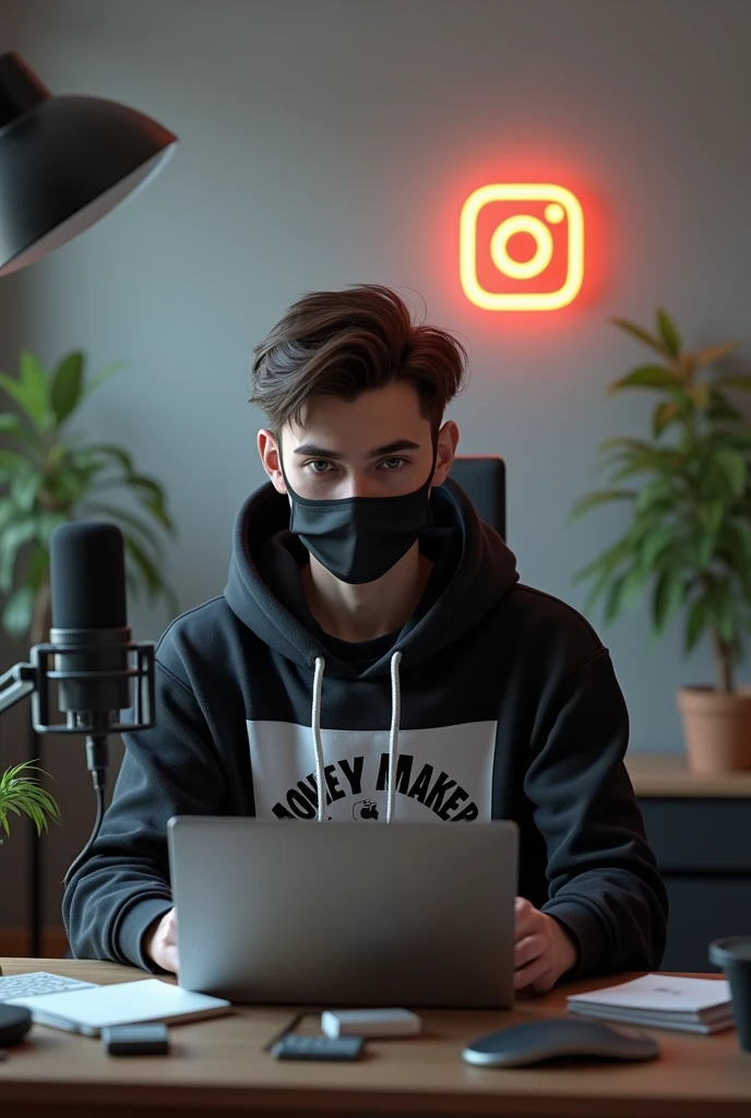 Create a image of 25 year boy 3D sitting infront of computer desk with laptop and microphone looking forward
wearing mask and Black and white hoodie with a large with the channel name on it money maker Instagram logo on the wall potted plants on either side and various recording equipments channel name on the hoodie money maker