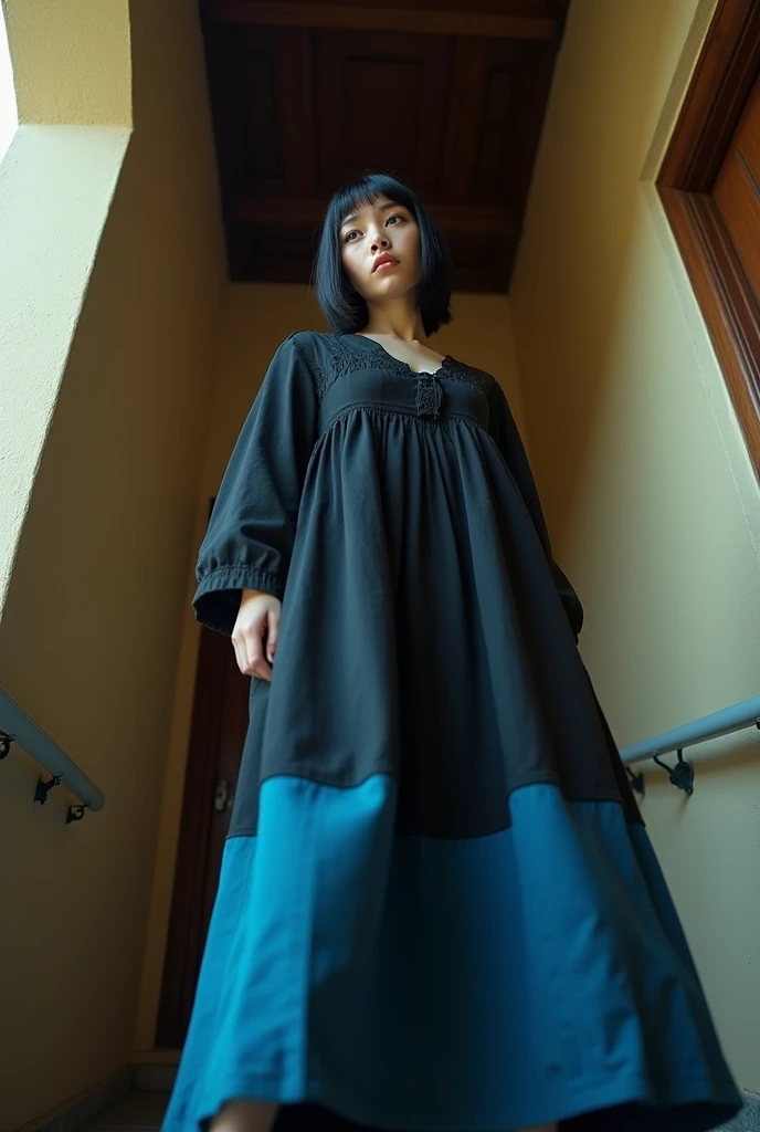 low angle view, full view of a 30 year old woman, short straight black hair, blue colored eyes, Scrawny, She is wearing a long black and blue dress, Black boots, analog style, texture skin, film grain, ultra-high resolution, best shade, CRU, high-detailed face, highly detailed skin, Highly detailed face, beautiful  face, natural texture skin, without reflection, see the grain of your skin, high-detailed face, highly detailed skin, Fujifilm XT3