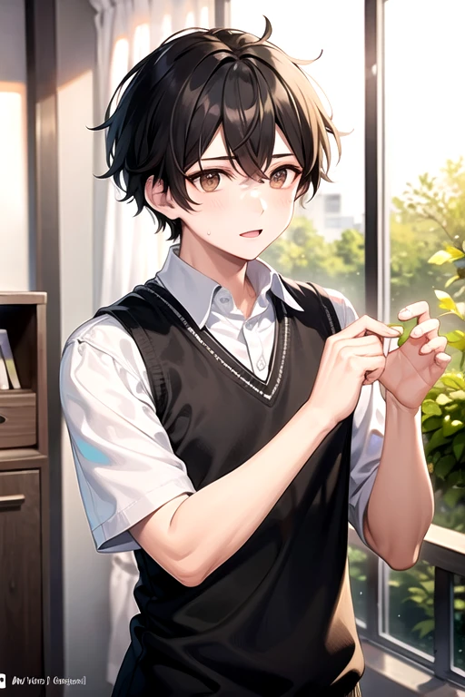 boy, messy short black hair, brown eyes, wearing a black high school uniform
