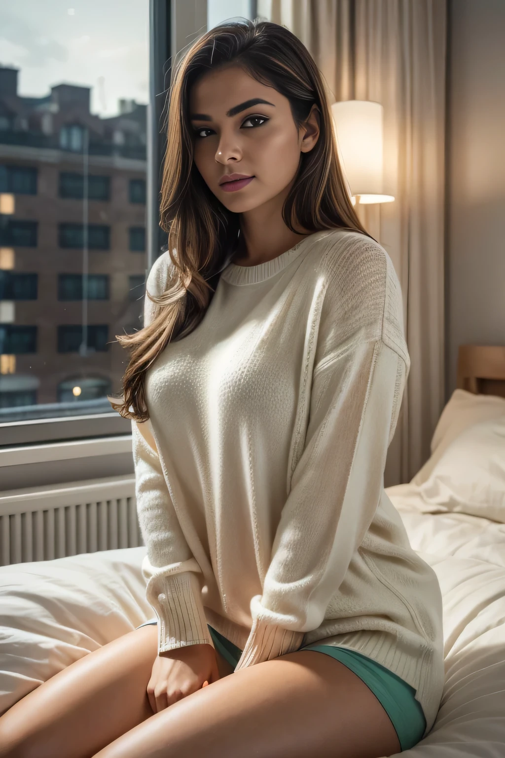 ((work of art)), ((best qualityer)), ((hyper detail,)) beautfull woman, sexly, naughty bitch, eyebrows, detailedeyes, detalhes faciais, breasts big, in the bedroom, in sweaters, pijamas, places for sleeping, lights, window, night time scene, high détail, realisitic, (Depth of field), soft lighting, high qualiy, 16k resolution