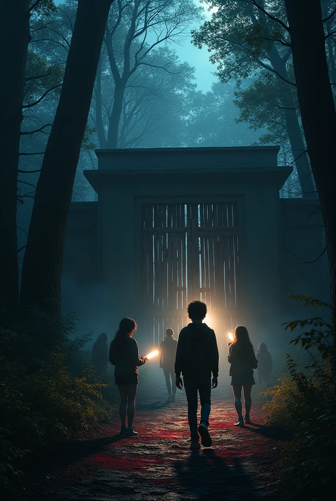 A group of teenagers, with flashlights in hand, approach the 'Bloody Door' at night. The surrounding forest is dark and silent, with the old, rusty gate looming in the background."