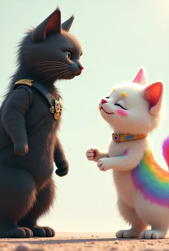 Image 11**: The rainbow-colored white furry cat is wearing one piece giving the long height black cat ( wearing a army dress ) a flying kiss as he walks away. She has a tear rolling down her cheek, but she also has a small smile, showing she's happy for him real qusly image generator.