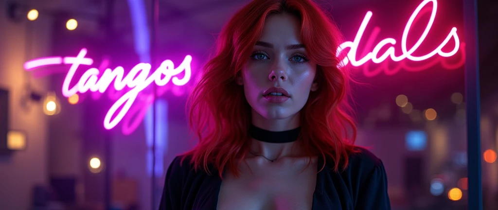 Sexy woman, Red hair, sensual face, sexy clothes and black necklace on the neck with lights in the background and a purple sign that says the text "Tangos Vandals"
