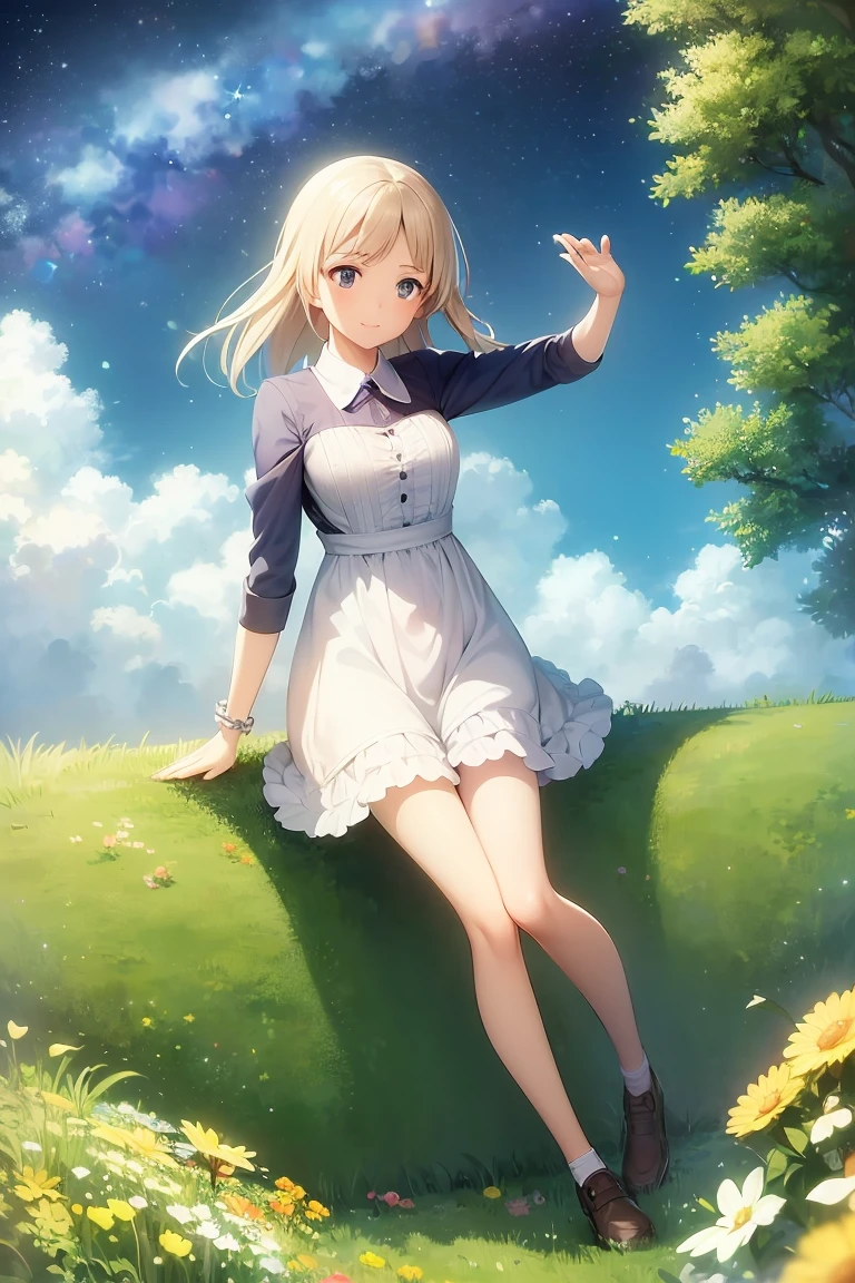 A girl on a meadow,Stars twinkling in the sky,Shining Star,milky way,I look up and see,Pure World,masterpiece,Highest quality,最高masterpiece,Detailed anime art,Digital Art,