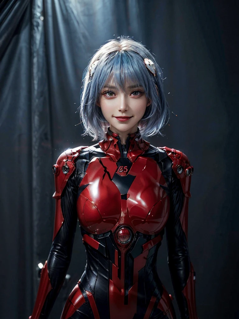 Masterpiece, highest quality, 8K, detailed skin texture, fine cloth texture, beautiful detailed face, intricate details, super detailed, portrait of Rei Ayanami, blue hair, red eyes, looking far away, no background, Evangelion Wearing a plug suit when riding, plug suit, whole body visible, standing, arms crossed, , beautiful, cute, great style, smiling,composition that shows the whole body,