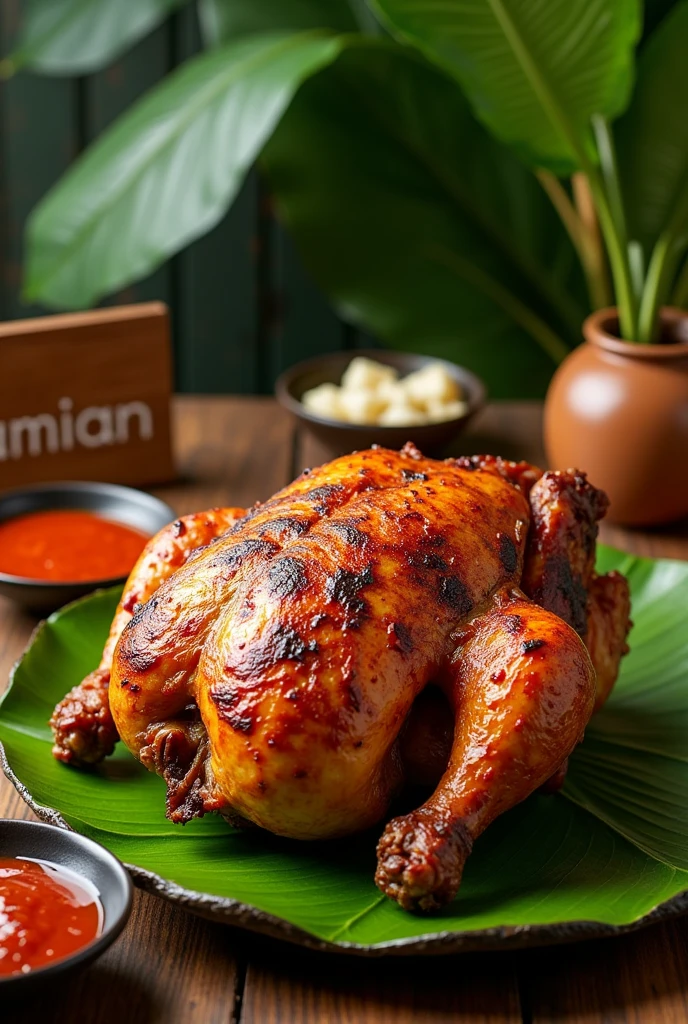 realistic photo of a large grilled chicken with banana leaf platting with sambal on its side, and  a desk sign "DAMIAN", don't do any blur, don't blur