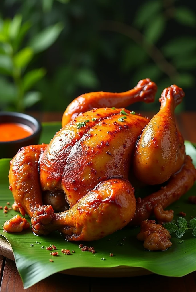 realistic photo of a large grilled chicken with banana leaf platting with sambal on its side, and  a desk sign "DAMIAN", don't do any blur, don't blur