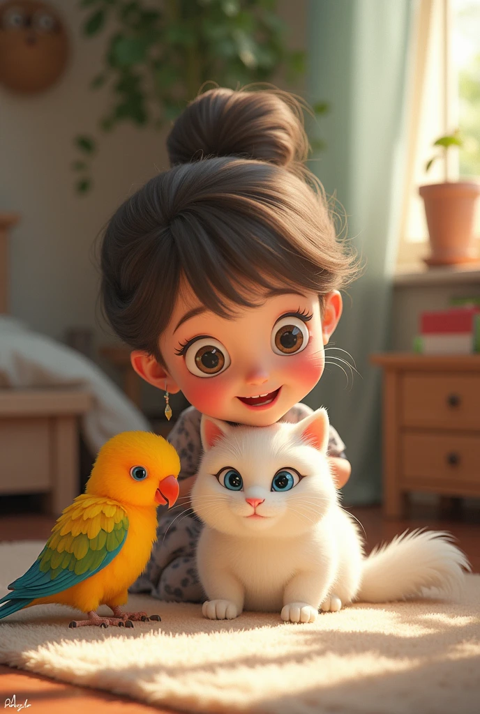 I want to make a picture with a cat and a yellow parrot. The eyes of the cat will be blue in color, the color of the body will be white and the cat will look very beautiful. The cat and the bird are playing with the girl owner in a room.