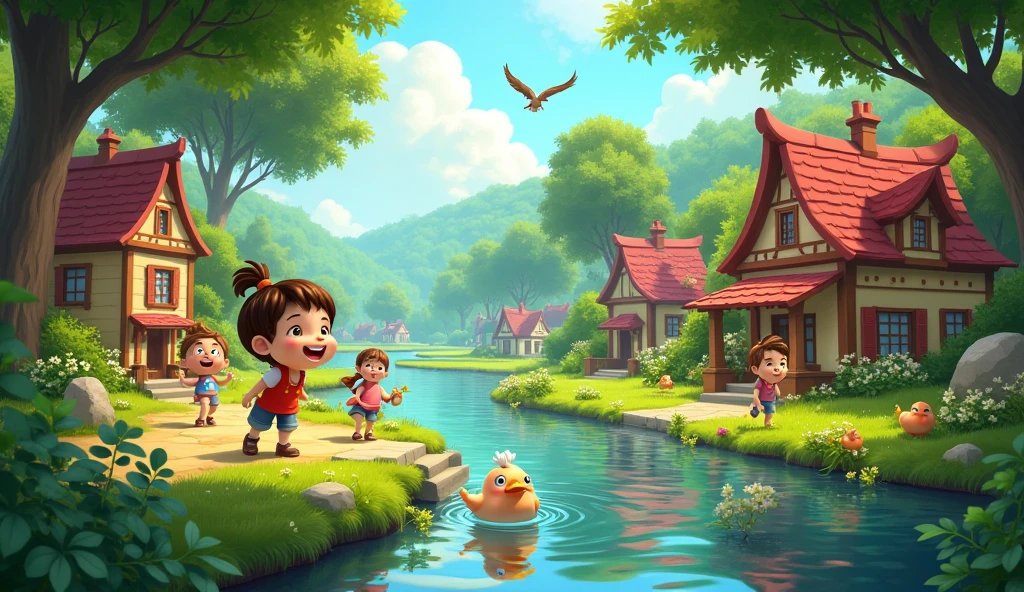 Generate an cinematic cartoon style " A small village surrounded by trees and a river, some people birds and some children are playing"