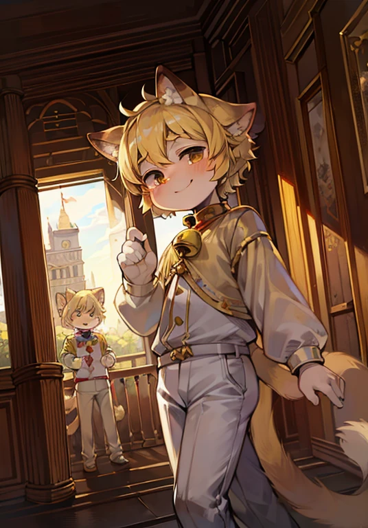 palace,Wearing a crown,short hair,blond,Ahog,bell,,Cat ears,Smile,No spots,Cub,Blonde hair everywhere,Golden hair everywhere,Cat ears,Cat type,Big fluffy tail,masterpiece,High quality portrait,doll,Cub Scouts,Prince Boy,wind,金色披wind,White clothes,White pants,Super cute face,1024x1024