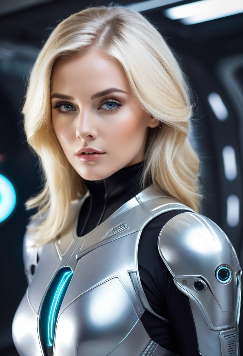 a beautiful blonde woman, in futuristic intergalactic agent clothes