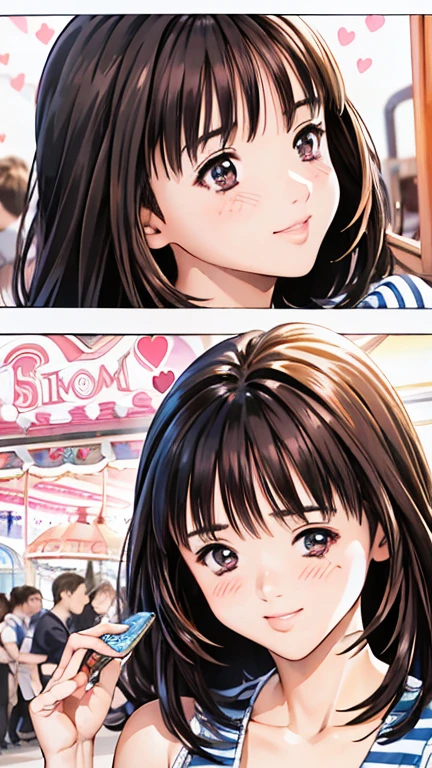 (High resolution),(High resolution),(High resolution),(8k), One person, Yoshizuki_Iori、(((Amusement park date))).(((blush))).smile、Browsing Caution、((Large Breasts))、Heart symbol、Color、(((kiss)))