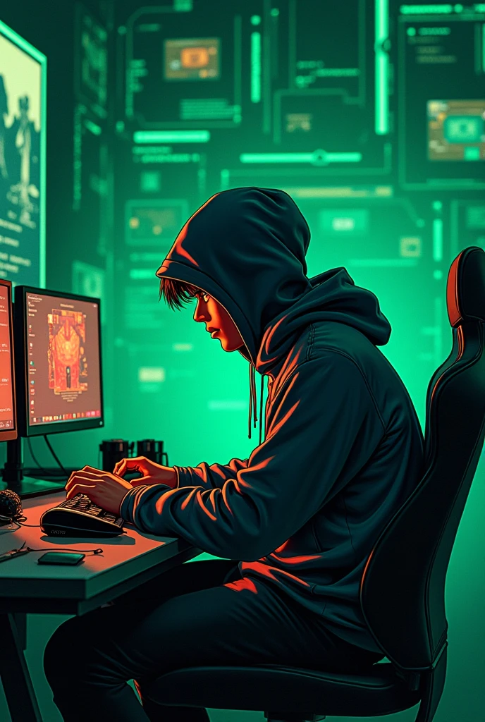 Profile of a young black gamer with a hoodie covering his entire head and modern gadgets in front of his screens in a room with green and darker algorithms hyper-equipped in manga mode with a beautiful Japanese girl next to him