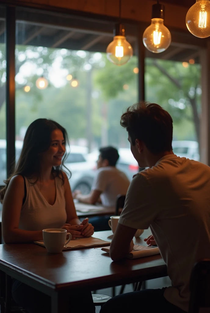 A boy age 27 Malaysian wear jeans and t-shirt dusky skin and he came to a coffee shop and there was a girl age 25 Malaysian looks very modern she wears western dress looks very beautiful and active both of them were accidentally collided inside a coffee shop with full crowd and outside the weather was cloudy and drizzling