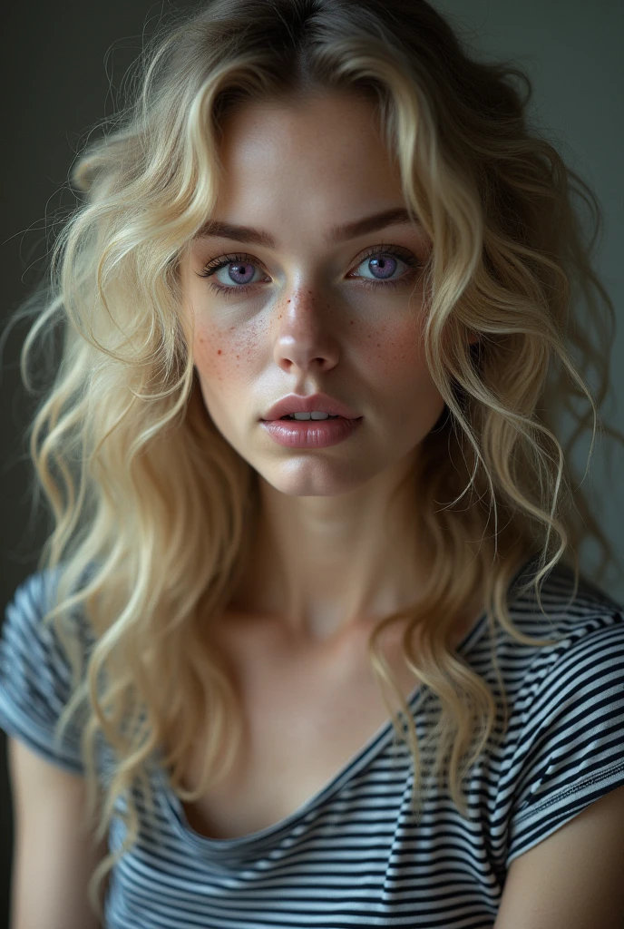 Beautiful woman with long curly blonde hair, purple eyes, long nose and freckles wearing a black striped t-shirt