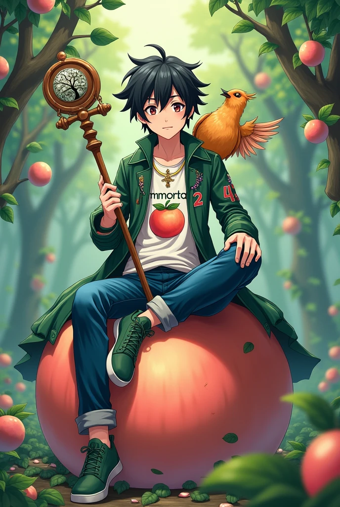 A male teenager, he has black hair and fair skin. In his left hand he is holding a wooden staff with grape vines attached to it and at the end of it is the symbol of the Tree of Life. He is wearing an ankh necklace. He is wearing a white shirt with a drawing of a peach and below it is written The Immortal. A green hydra leather jacket with the number 42 printed on it. Blue pants. Green shoes. He is sitting on a giant peach. On his shoulder, there is a phoenix inn. The place he is in is a forest full of peach trees. The image has to be in anime.