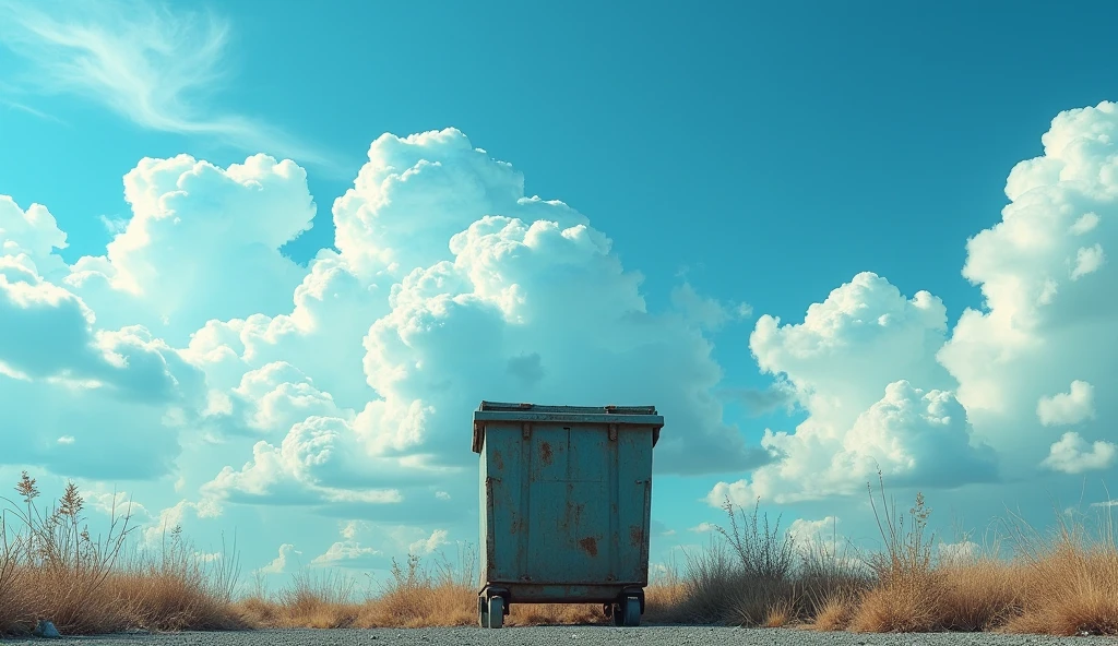 trash, dumpster, centred, blue sky, beautiful clouds, light, beautiful light, realistic, 4k, 8k,