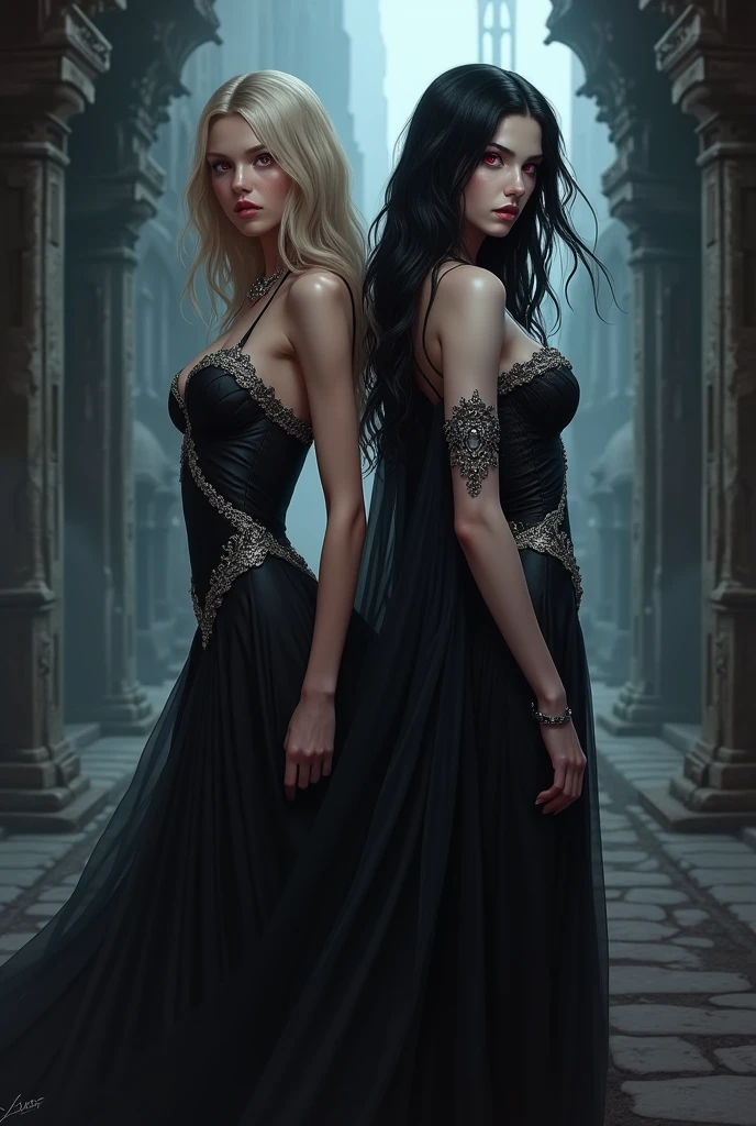 Create a book cover in the style of the game Chapters, featuring two female characters in a semi-realistic style. One is a vampire with a slim, curvy figure, pale skin, and long, wavy black hair. Her bright red eyes and sharp expression convey power and mystery. She wears a dark, gothic dress with silver details. Beside her is a younger girl with an athletic build, shoulder-length blonde hair, and a surprised, slightly frightened look. The background shows a dark, ancient castle with dramatic lighting, casting shadows to highlight the contrast between the vampire's elegance and the girl's vulnerability.